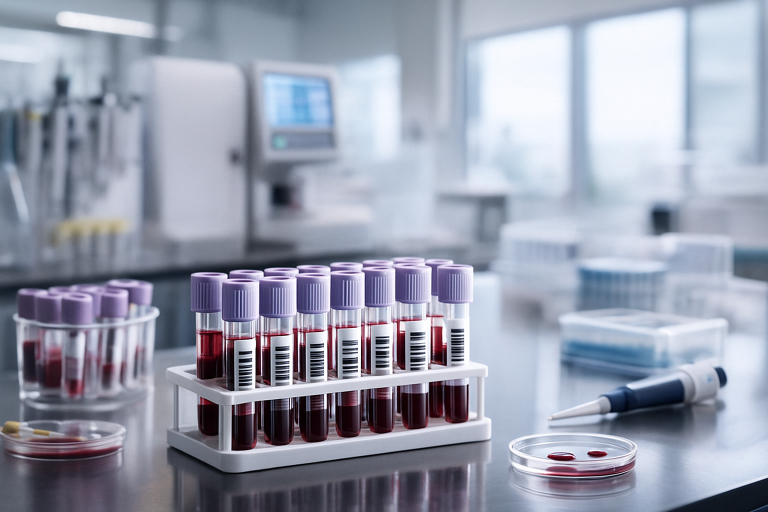 Blood sample tubes placed on a laboratory bench for trace element analysis using ICP-MS/MS.
